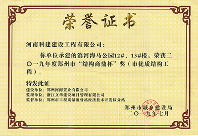 滨河海马公园12#、13#楼荣获“二零一九年度郑州市结构商鼎杯奖（市优质结构星空网页版登录入口-星空（中国）
）”